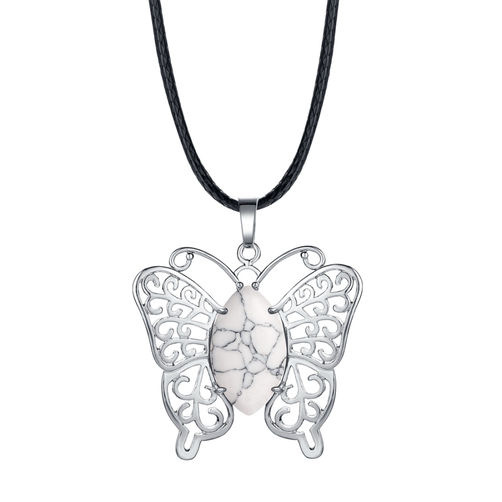 Natural stone silver butterfly pendant necklace for women men animal style fashion jewelry pendant