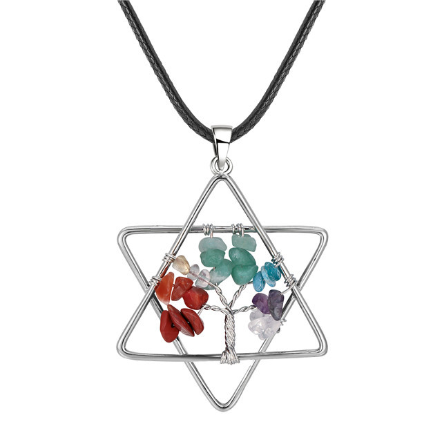 Natural crystal five-pointed star seven-color chakra tree of life pendant jewelry for women  men