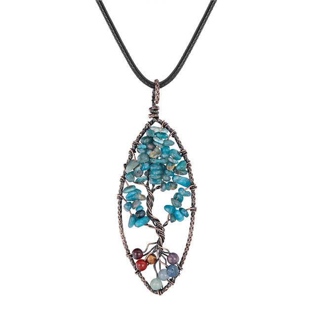 Seven chakra reiki tree of life hand-wrapped bronze thread horse eye shaped natural sapphire gravel pendant