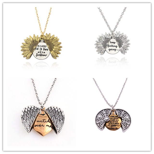 Sunflower Locket Engraved Pendant Necklace You are My Sunshine Lettering Sun Flower Jewelry for Women Men