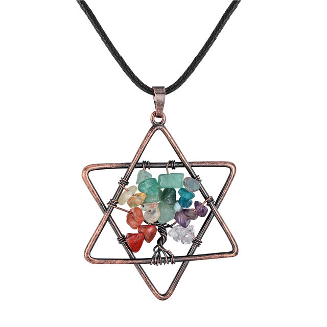 Natural crystal five-pointed star seven-color chakra tree of life pendant jewelry for women  men