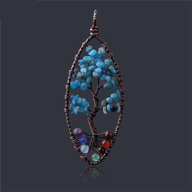 Seven chakra reiki tree life is hand-wrapped with a bronze wire horse eye shaped natural sapphire gravel key chain