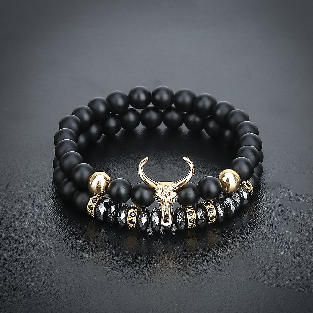 ASHMITA Punk CZ Bull Head Skull Men Bracelet Fashion 8MM Matte Onyx Agate Stone Beads Charm Bracelets & Bangles  Jewelry