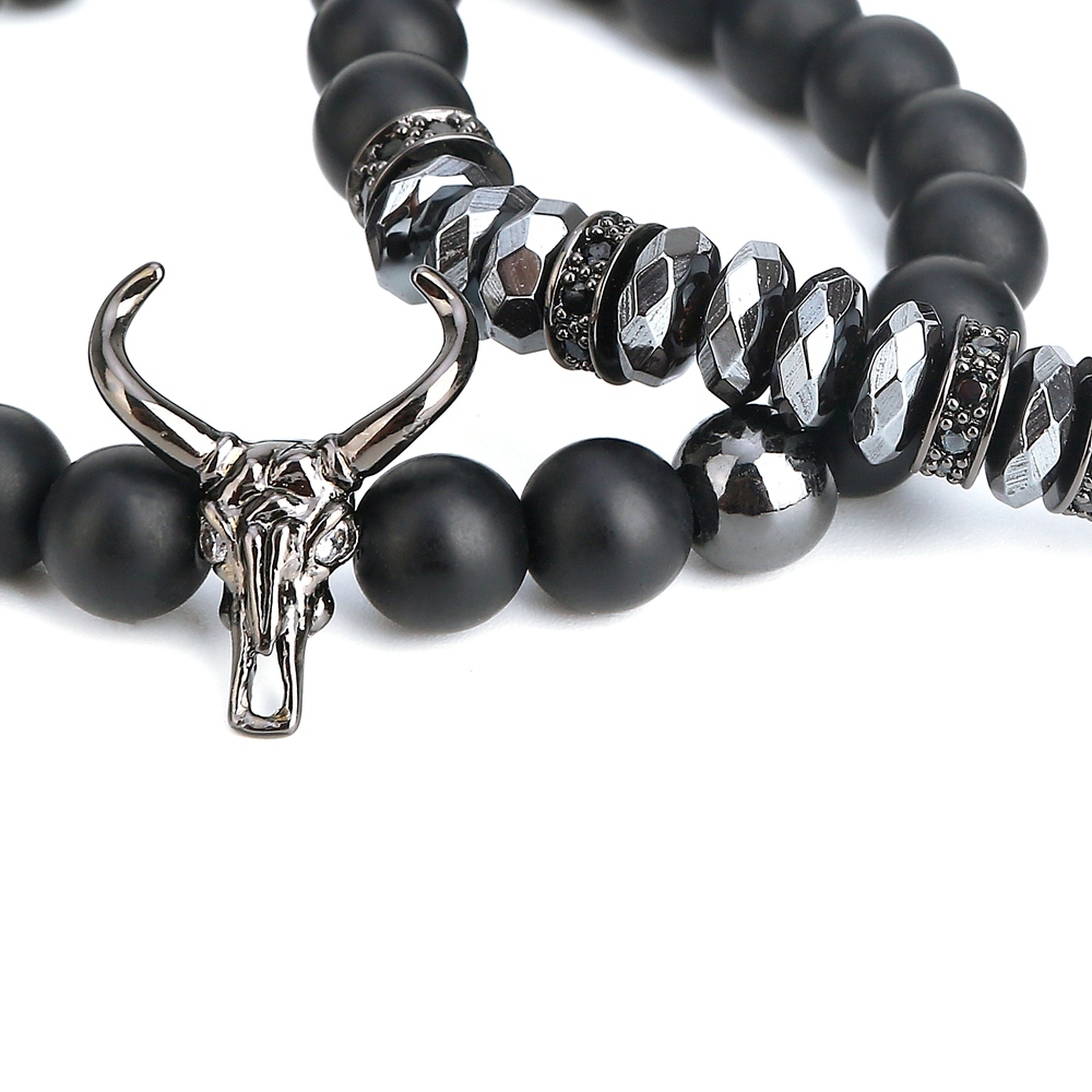 ASHMITA Punk CZ Bull Head Skull Men Bracelet Fashion 8MM Matte Onyx Agate Stone Beads Charm Bracelets & Bangles  Jewelry