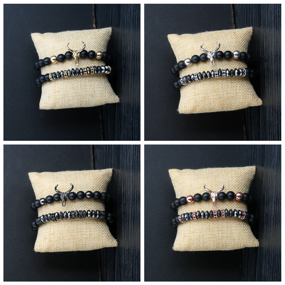 ASHMITA Punk CZ Bull Head Skull Men Bracelet Fashion 8MM Matte Onyx Agate Stone Beads Charm Bracelets & Bangles  Jewelry