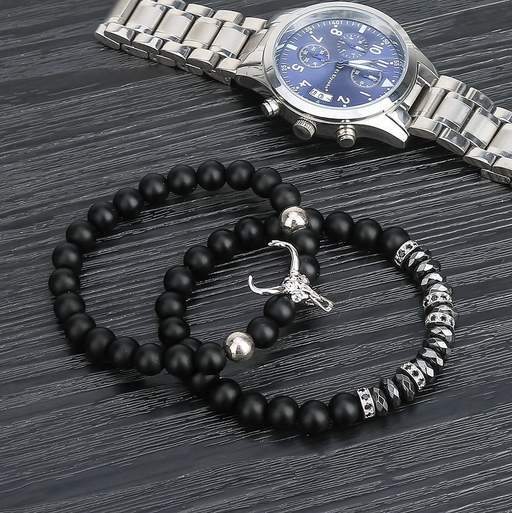 ASHMITA Punk CZ Bull Head Skull Men Bracelet Fashion 8MM Matte Onyx Agate Stone Beads Charm Bracelets & Bangles  Jewelry