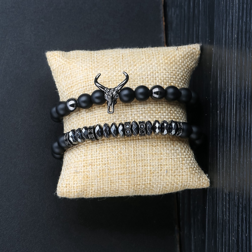 ASHMITA Punk CZ Bull Head Skull Men Bracelet Fashion 8MM Matte Onyx Agate Stone Beads Charm Bracelets & Bangles  Jewelry