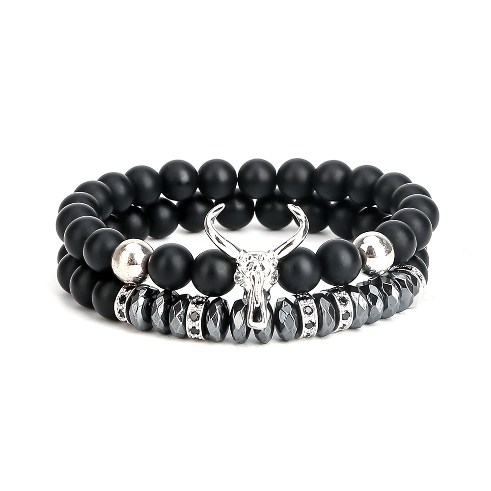 ASHMITA Punk CZ Bull Head Skull Men Bracelet Fashion 8MM Matte Onyx Agate Stone Beads Charm Bracelets & Bangles  Jewelry