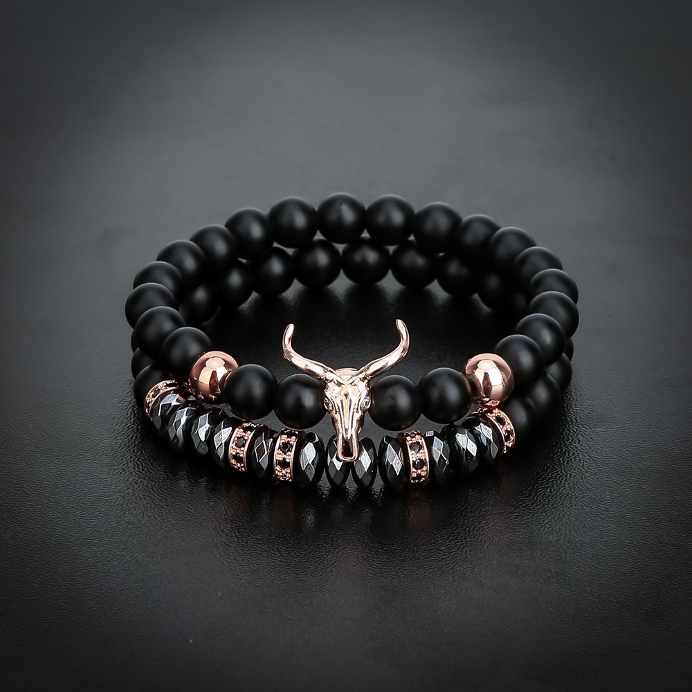 ASHMITA Punk CZ Bull Head Skull Men Bracelet Fashion 8MM Matte Onyx Agate Stone Beads Charm Bracelets & Bangles  Jewelry