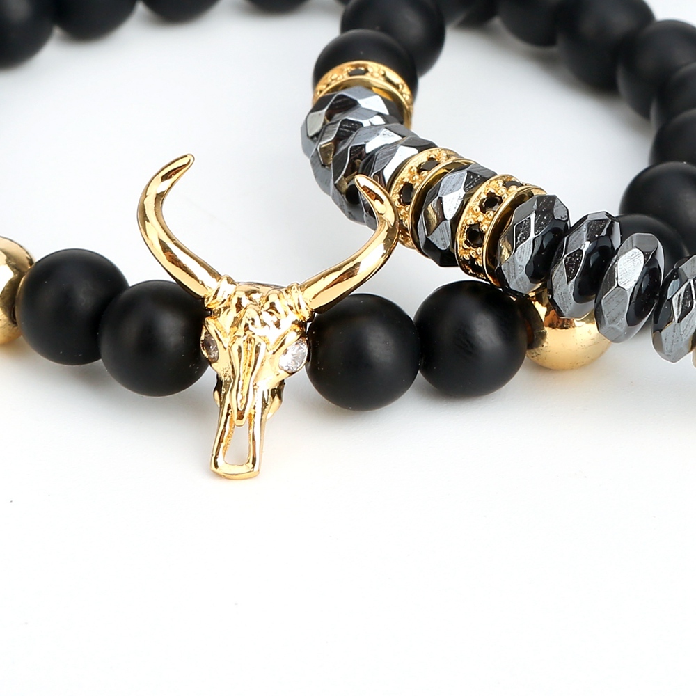 ASHMITA Punk CZ Bull Head Skull Men Bracelet Fashion 8MM Matte Onyx Agate Stone Beads Charm Bracelets & Bangles  Jewelry