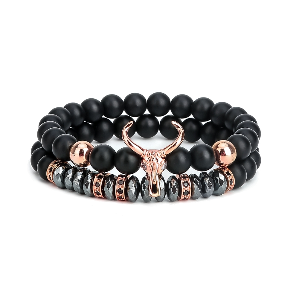 ASHMITA Punk CZ Bull Head Skull Men Bracelet Fashion 8MM Matte Onyx Agate Stone Beads Charm Bracelets & Bangles  Jewelry