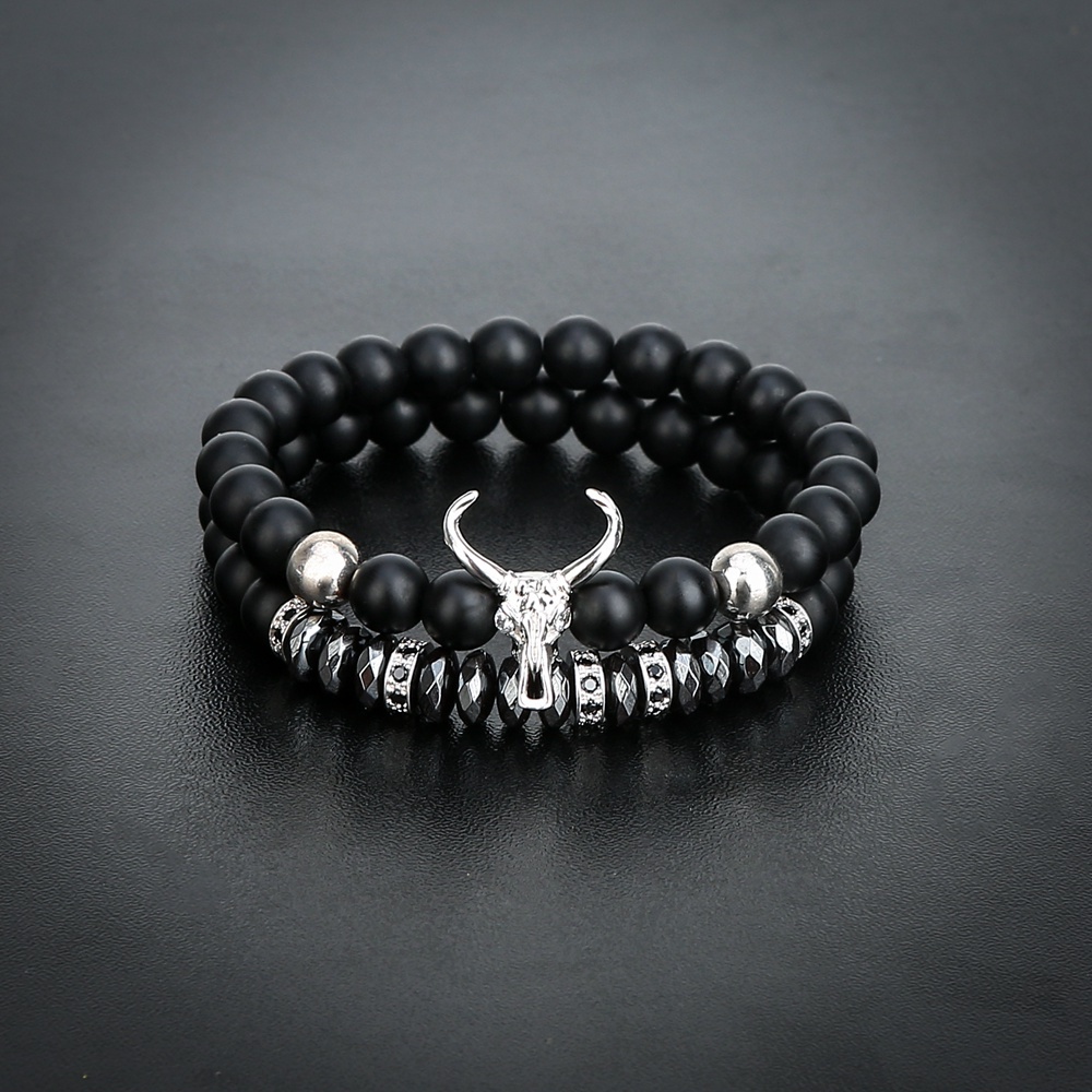 ASHMITA Punk CZ Bull Head Skull Men Bracelet Fashion 8MM Matte Onyx Agate Stone Beads Charm Bracelets & Bangles  Jewelry