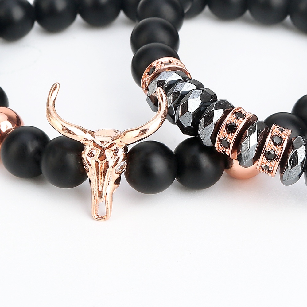 ASHMITA Punk CZ Bull Head Skull Men Bracelet Fashion 8MM Matte Onyx Agate Stone Beads Charm Bracelets & Bangles  Jewelry