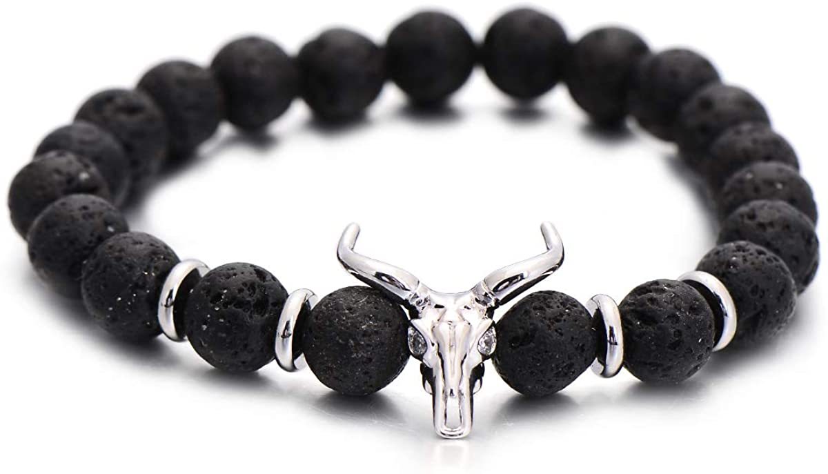 ASHMITA Punk CZ Bull Head Skull Men Bracelet Fashion 8MM Matte Onyx Agate Stone Beads Charm Bracelets & Bangles  Jewelry