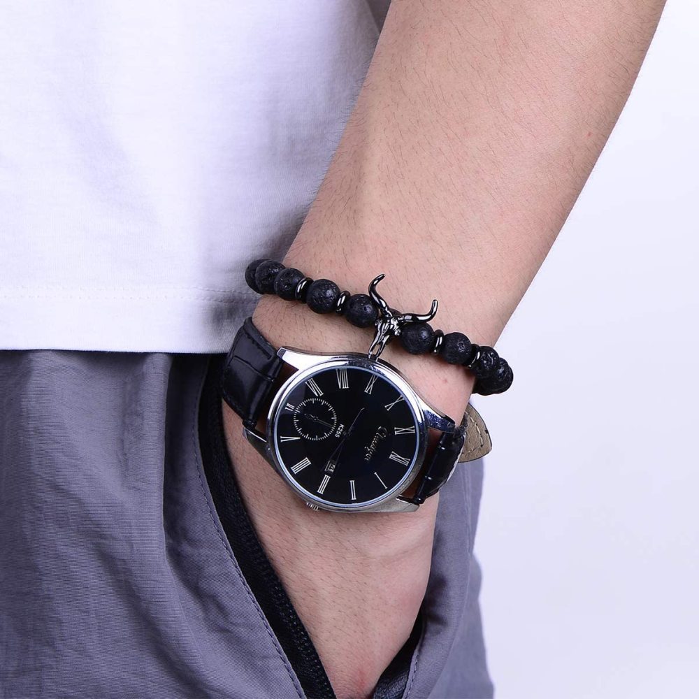 ASHMITA Punk CZ Bull Head Skull Men Bracelet Fashion 8MM Matte Onyx Agate Stone Beads Charm Bracelets & Bangles  Jewelry