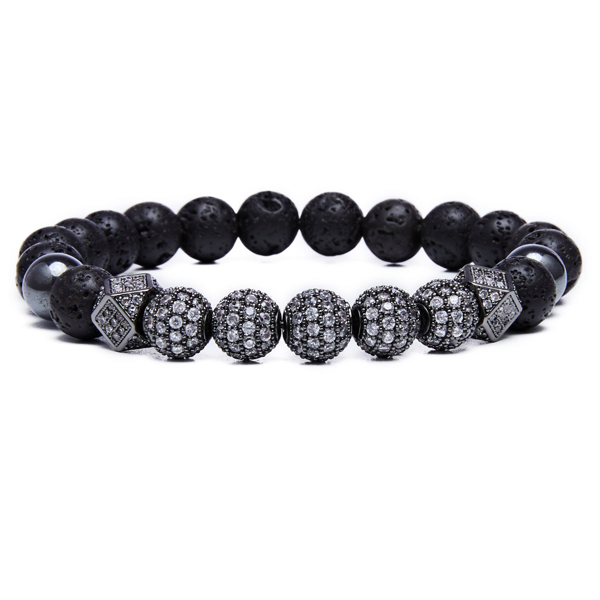 2PCS Black Prayer Beads Bracelet for Men Women CZ Rhinestone Crystal King Crown Couple Set Bracelets Bangle Gift Box