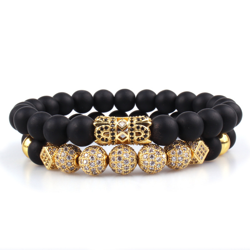 2PCS Black Prayer Beads Bracelet for Men Women CZ Rhinestone Crystal King Crown Couple Set Bracelets Bangle Gift Box