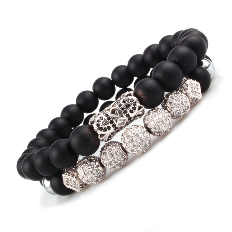 2PCS Black Prayer Beads Bracelet for Men Women CZ Rhinestone Crystal King Crown Couple Set Bracelets Bangle Gift Box