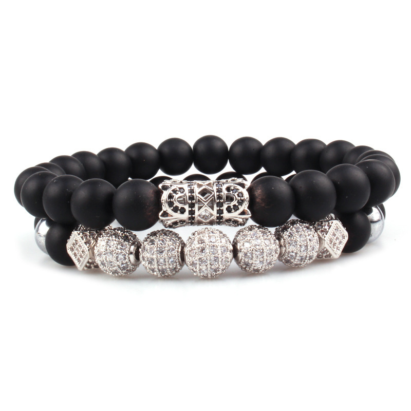 2PCS Black Prayer Beads Bracelet for Men Women CZ Rhinestone Crystal King Crown Couple Set Bracelets Bangle Gift Box