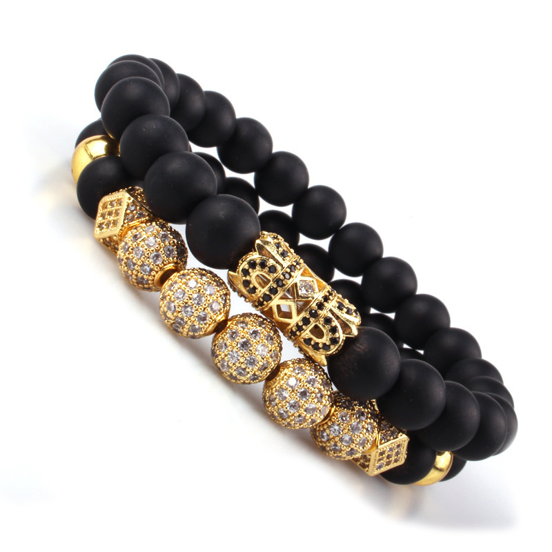 2PCS Black Prayer Beads Bracelet for Men Women CZ Rhinestone Crystal King Crown Couple Set Bracelets Bangle Gift Box