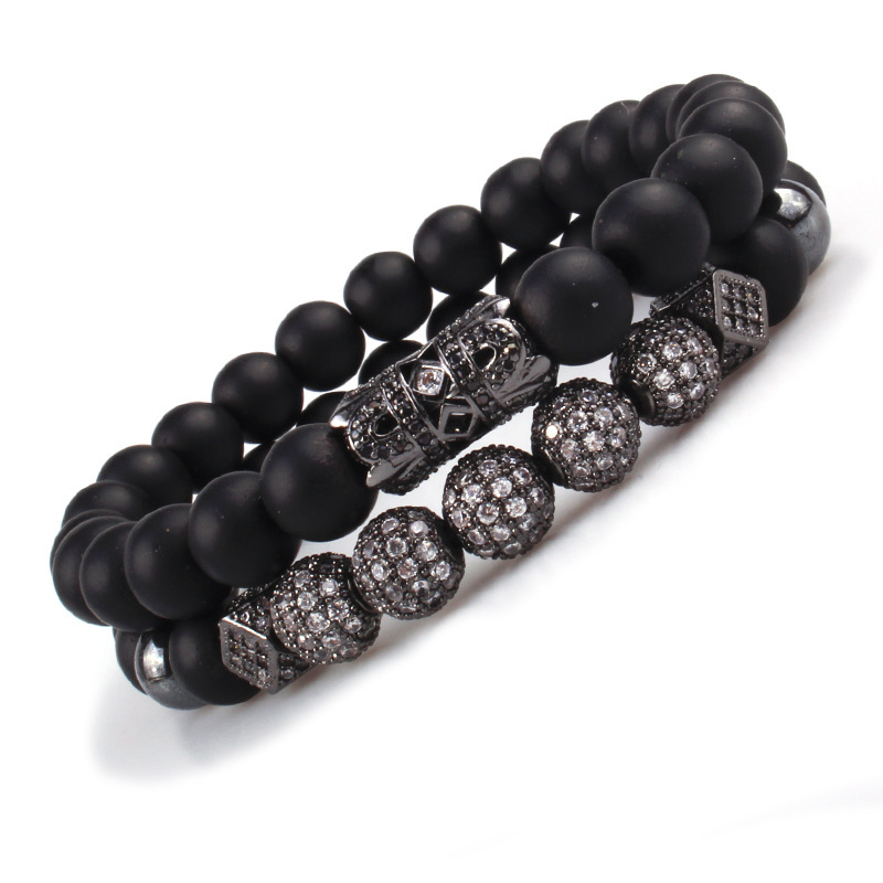 2PCS Black Prayer Beads Bracelet for Men Women CZ Rhinestone Crystal King Crown Couple Set Bracelets Bangle Gift Box