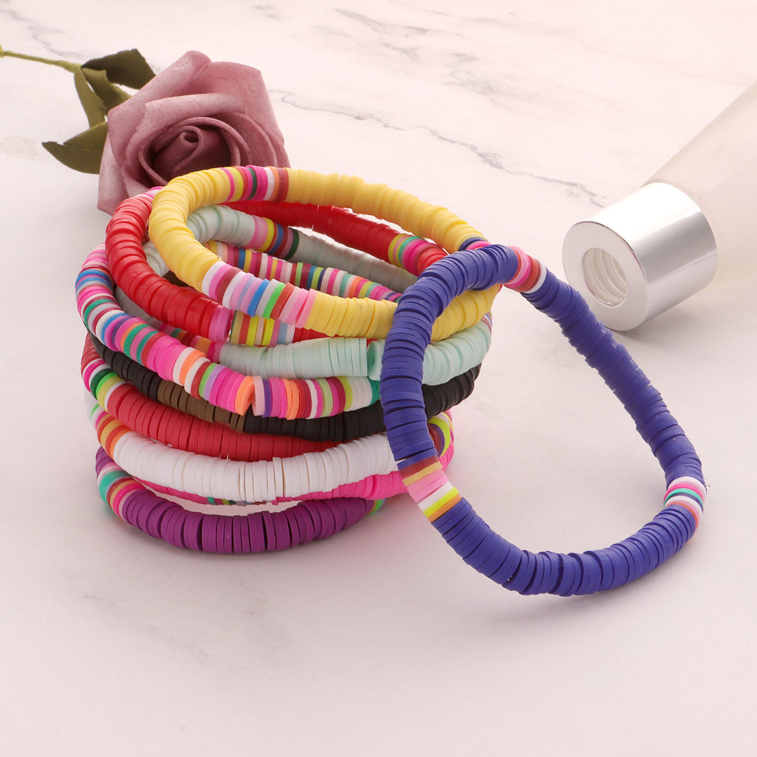 Soft Clay Surfer African Beads Choker Colorful Bracelet Elastic Handmade Boho Lightweight for Women Girls 6mm Summer Beach