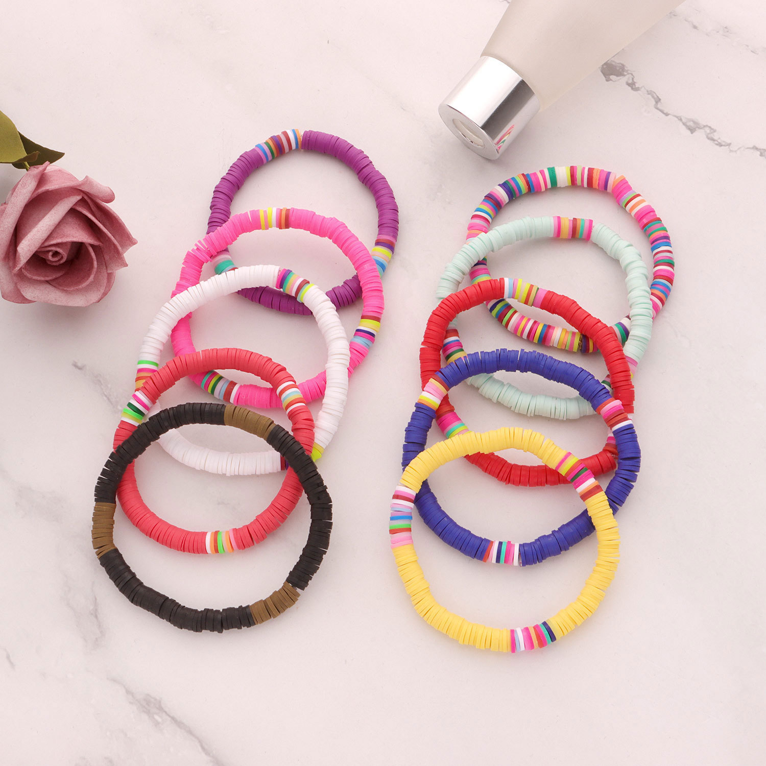 Soft Clay Surfer African Beads Choker Colorful Bracelet Elastic Handmade Boho Lightweight for Women Girls 6mm Summer Beach