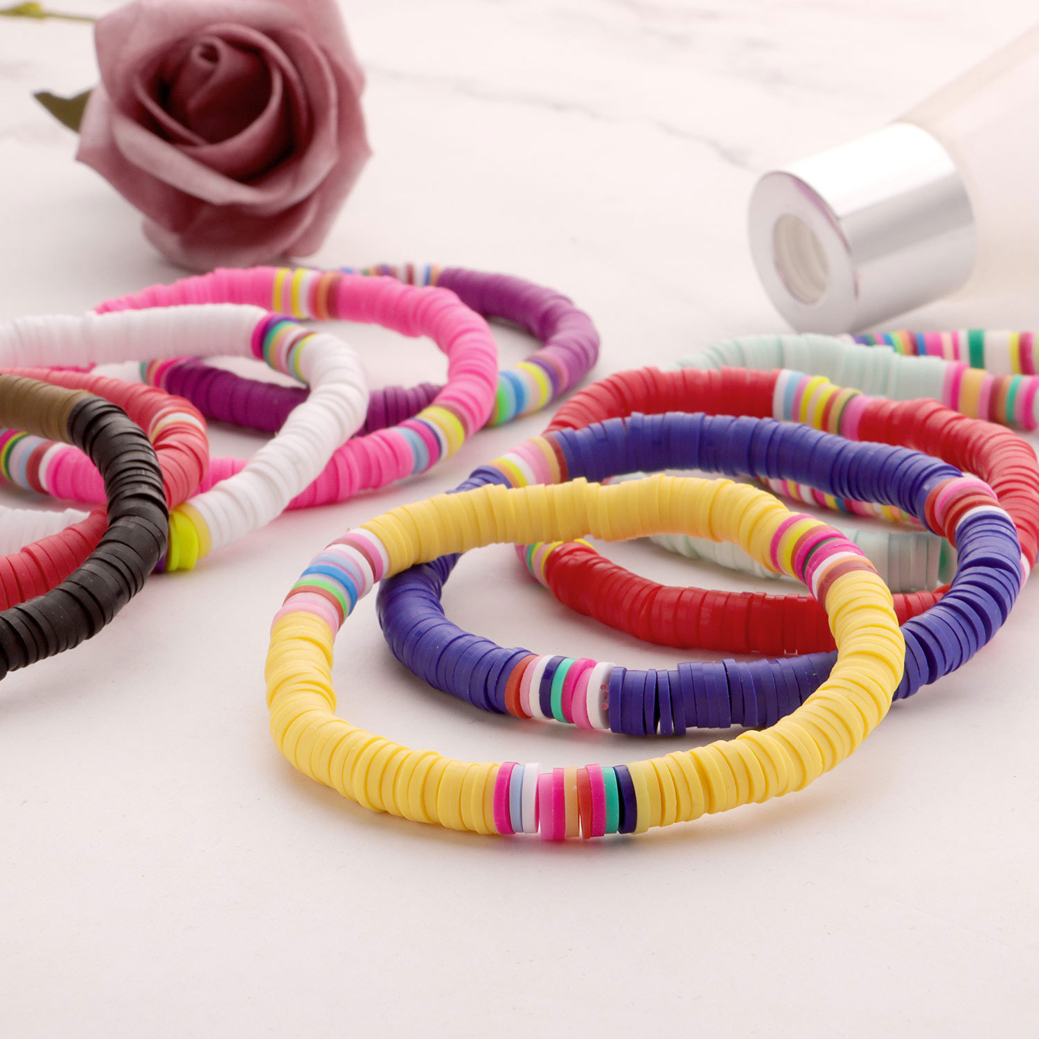 Soft Clay Surfer African Beads Choker Colorful Bracelet Elastic Handmade Boho Lightweight for Women Girls 6mm Summer Beach