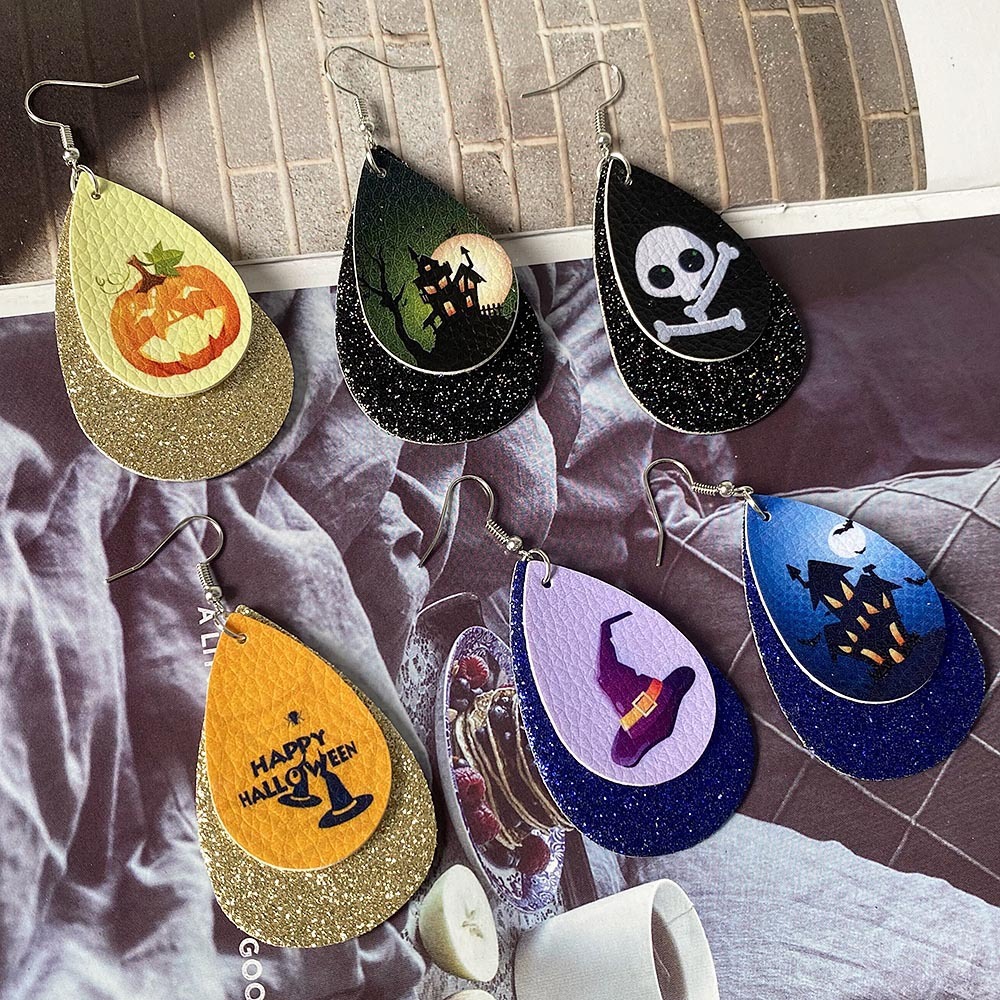 Halloween Earrings Teardrop Earrings Faux Double Leather Dangle Earrings for Halloween Costume Party Decoration Jewelry
