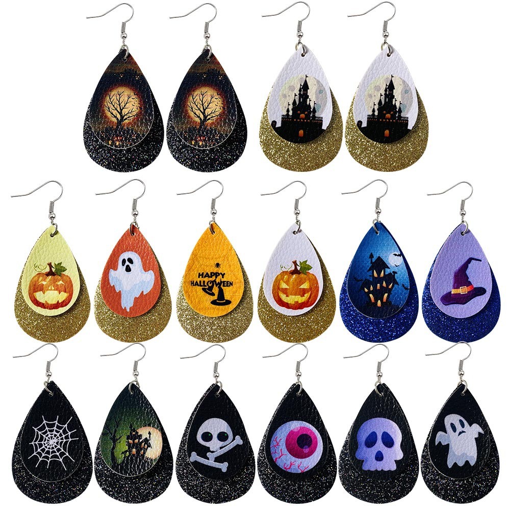 Halloween Earrings Teardrop Earrings Faux Double Leather Dangle Earrings for Halloween Costume Party Decoration Jewelry