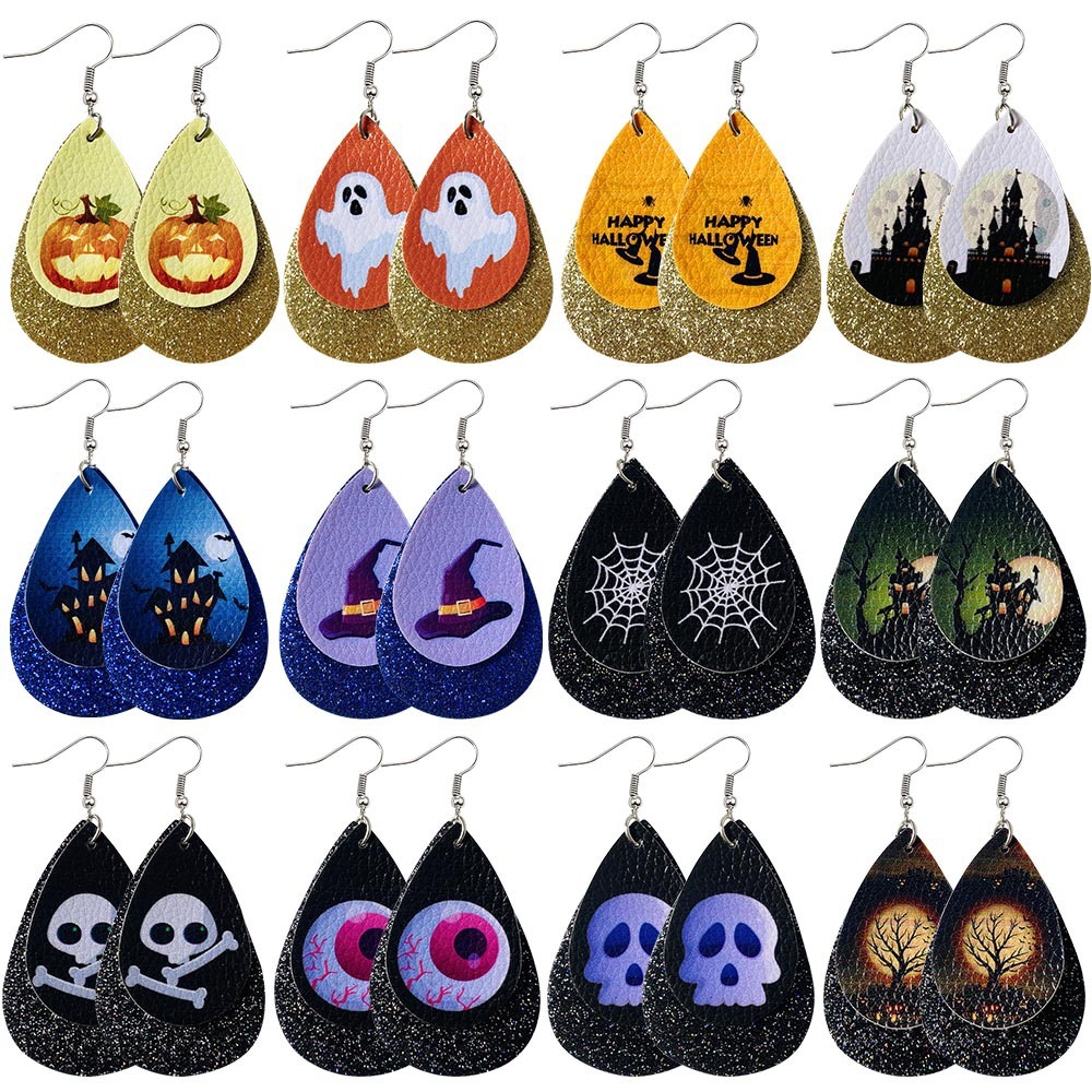 Halloween Earrings Teardrop Earrings Faux Double Leather Dangle Earrings for Halloween Costume Party Decoration Jewelry
