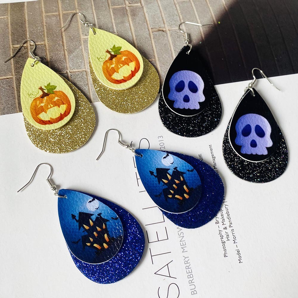Halloween Earrings Teardrop Earrings Faux Double Leather Dangle Earrings for Halloween Costume Party Decoration Jewelry