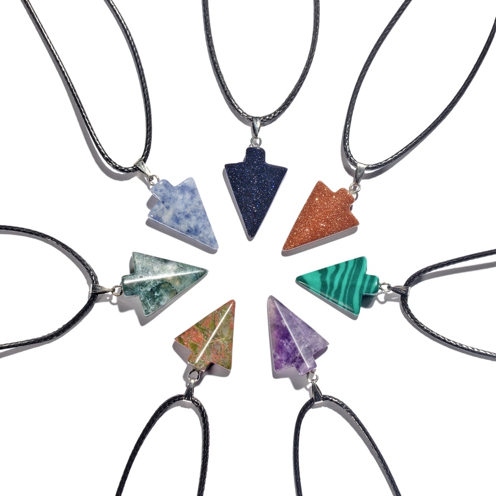 Natural Stone Arrow Pendant Necklace 45CM Black Leather