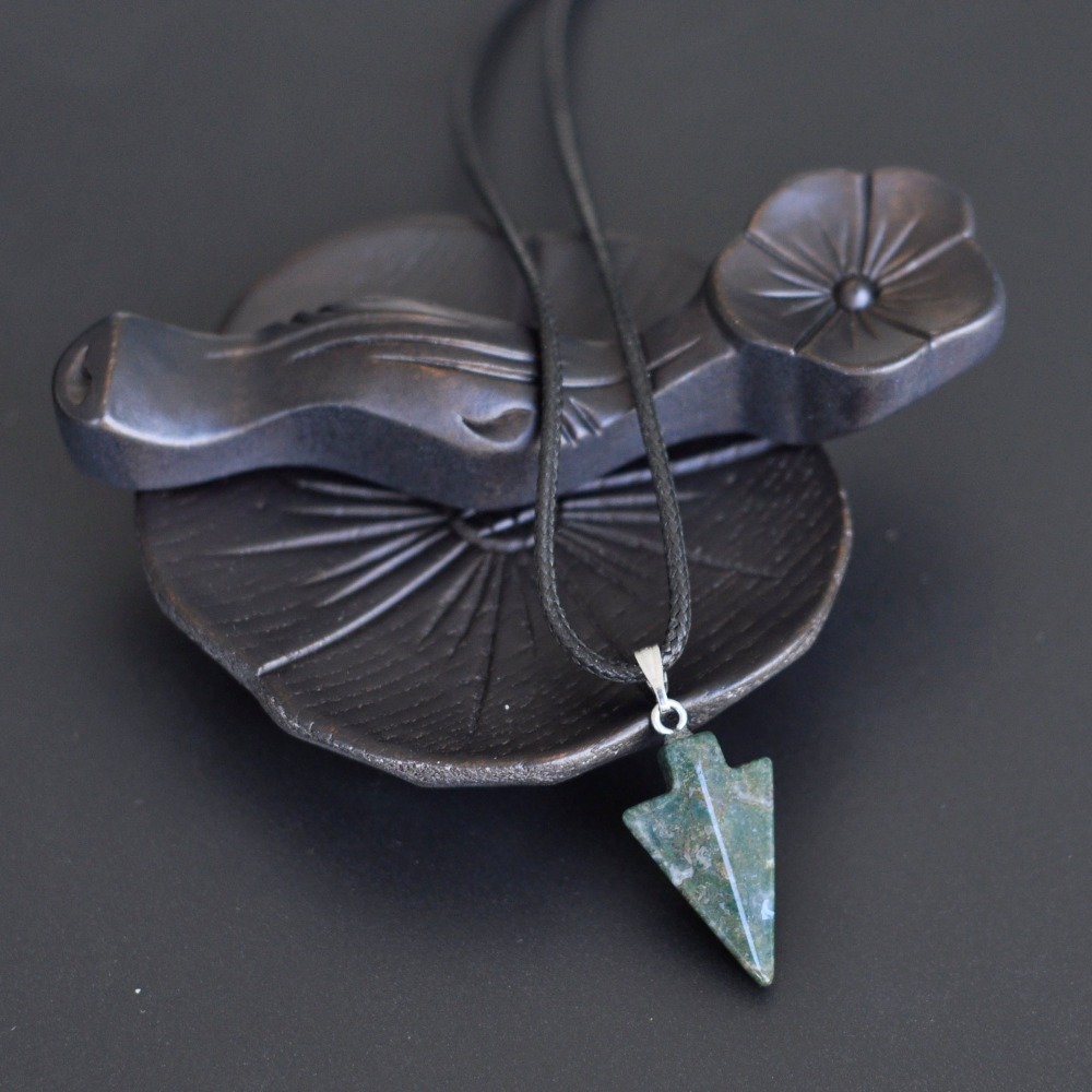 Natural Stone Arrow Pendant Necklace 45CM Black Leather