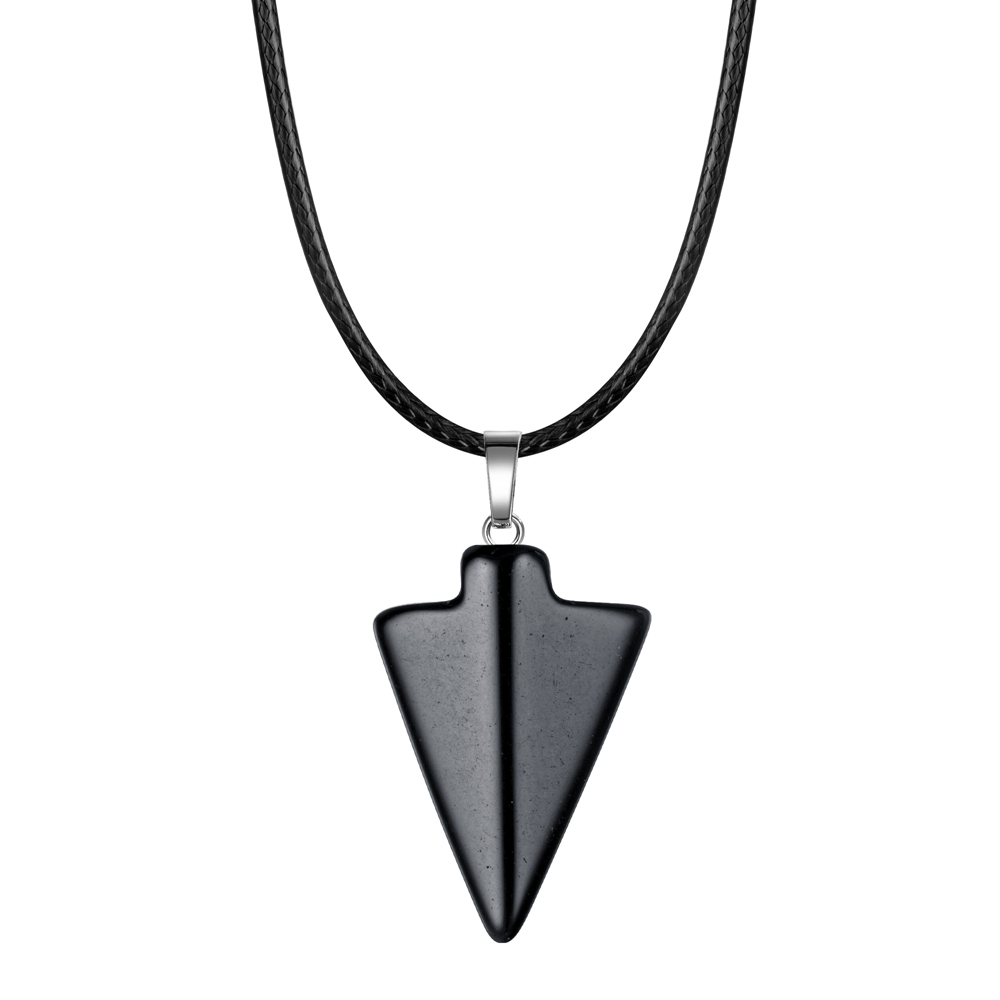 Natural Stone Arrow Pendant Necklace 45CM Black Leather