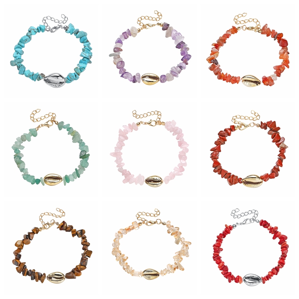 Sea Conch Shell Bracelets for Women Girls Puka Bohemian Natural Chip Raw Beads Bracelet Crystal Anklet Jewelry