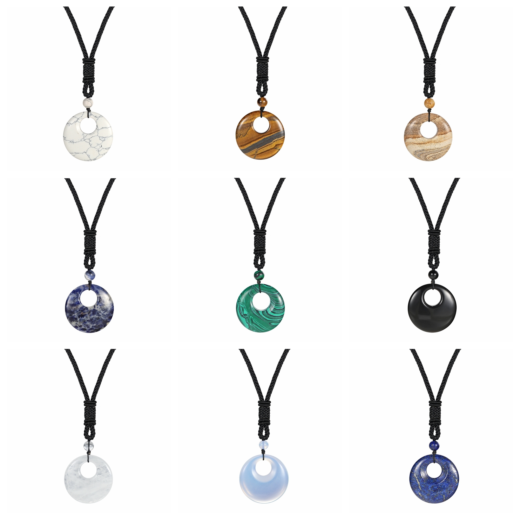Natural Stone Lucky Coin Pendant Necklace Women Men Reiki Healing Round Donut Crystal Jewelry Adjustable Braided Cord