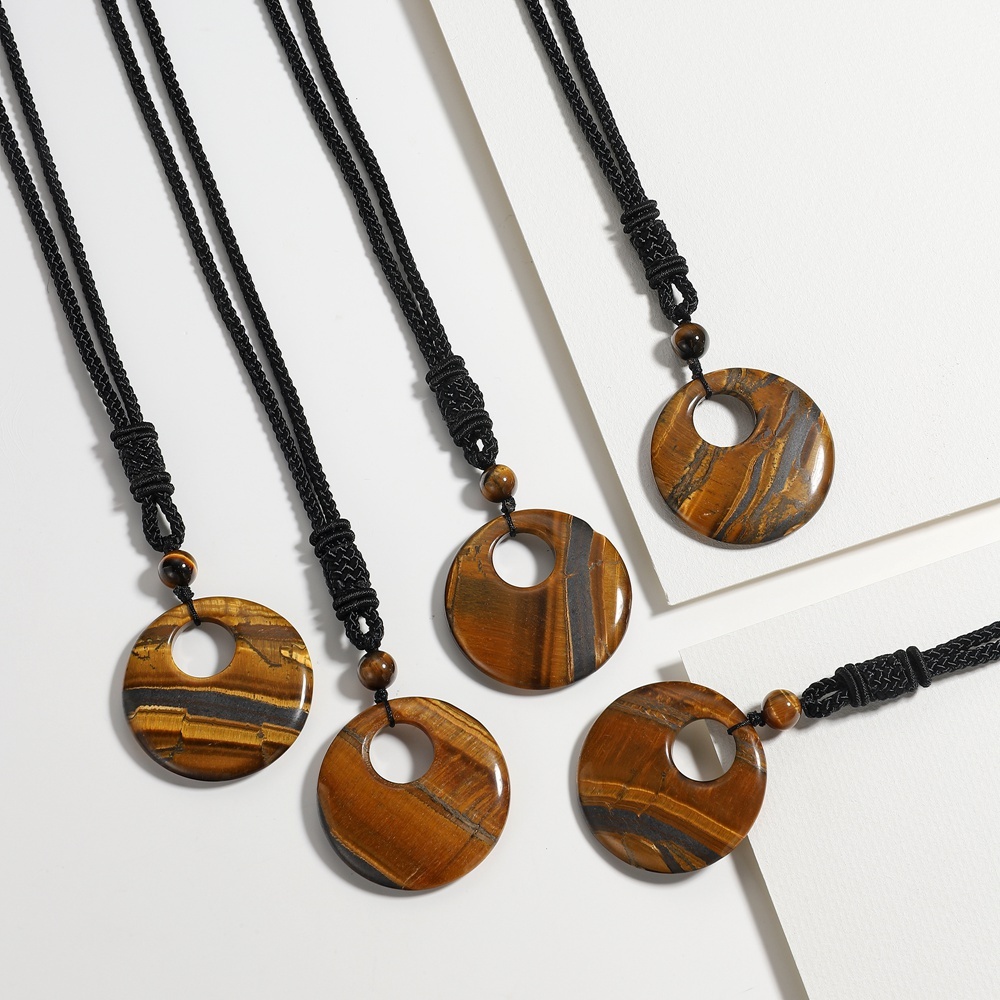 Natural Stone Lucky Coin Pendant Necklace Women Men Reiki Healing Round Donut Crystal Jewelry Adjustable Braided Cord