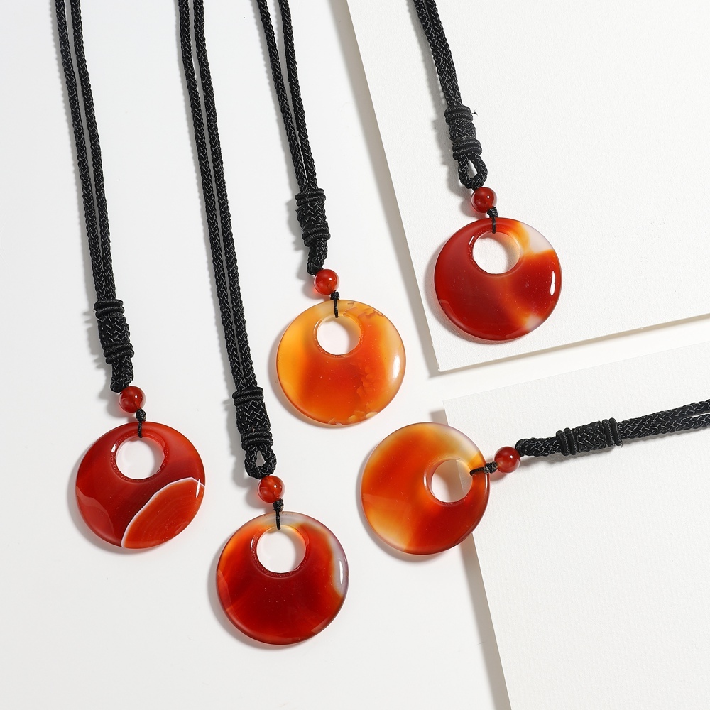 Natural Stone Lucky Coin Pendant Necklace Women Men Reiki Healing Round Donut Crystal Jewelry Adjustable Braided Cord