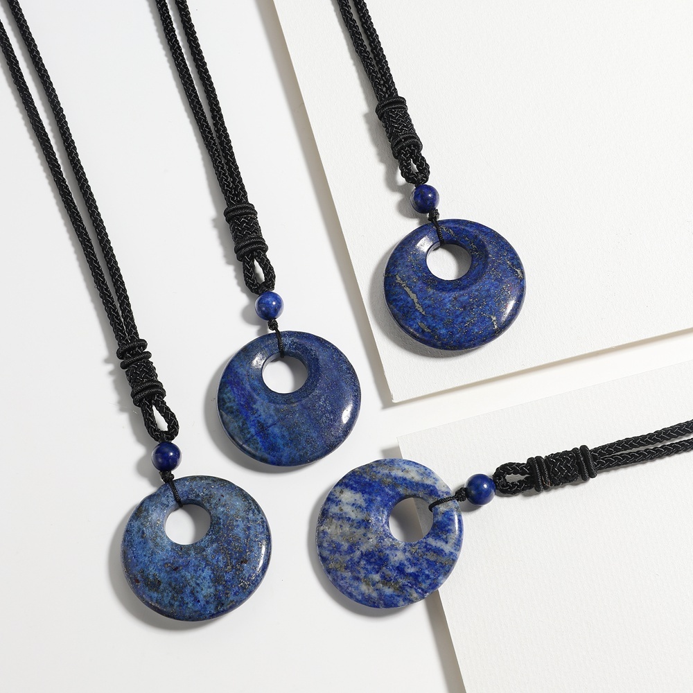 Natural Stone Lucky Coin Pendant Necklace Women Men Reiki Healing Round Donut Crystal Jewelry Adjustable Braided Cord