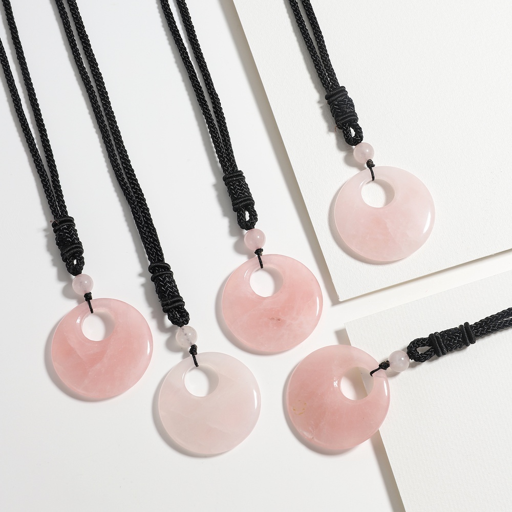 Natural Stone Lucky Coin Pendant Necklace Women Men Reiki Healing Round Donut Crystal Jewelry Adjustable Braided Cord