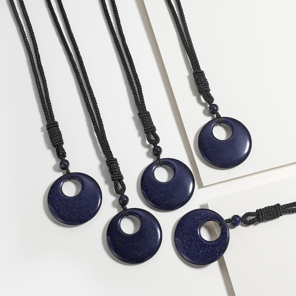 Natural Stone Lucky Coin Pendant Necklace Women Men Reiki Healing Round Donut Crystal Jewelry Adjustable Braided Cord