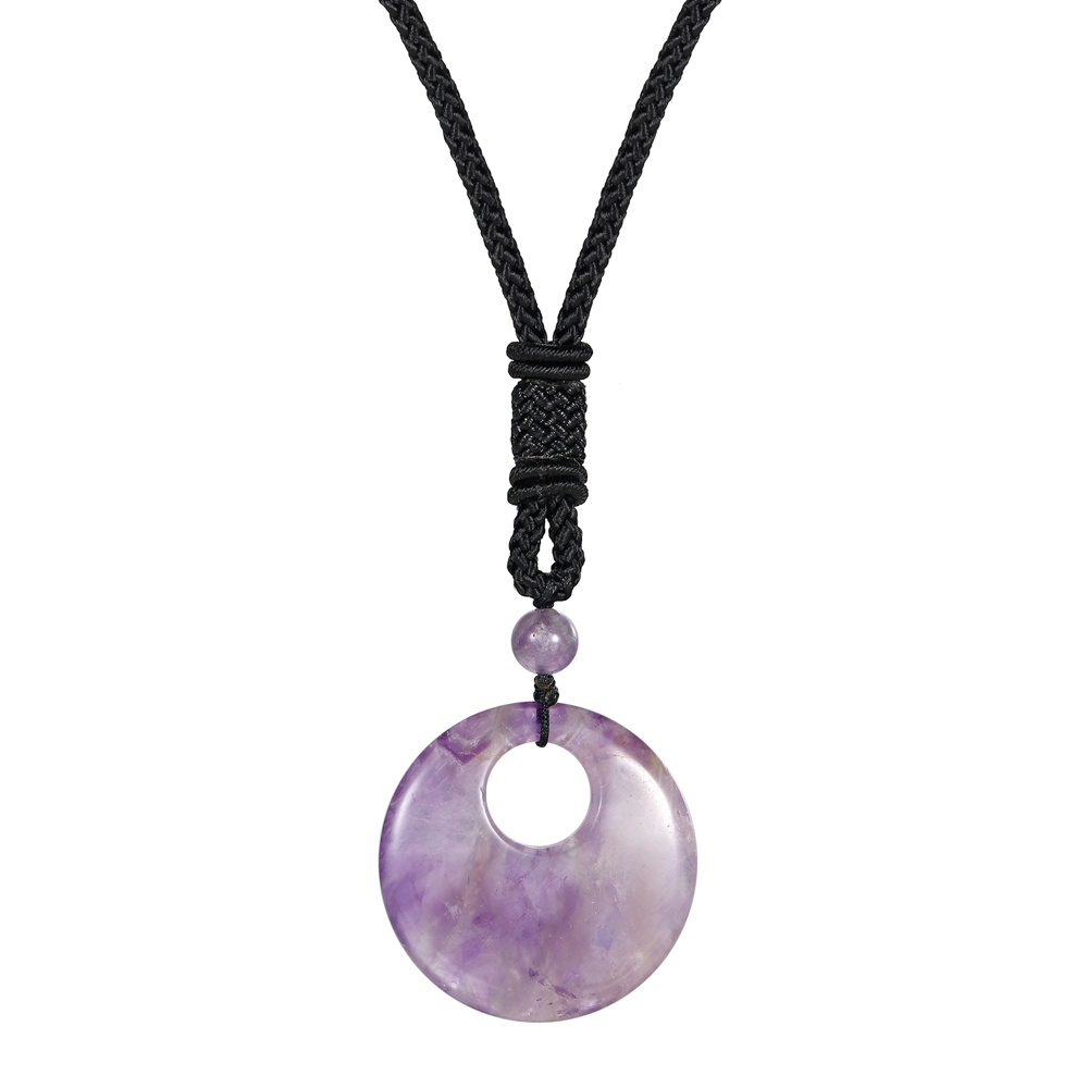 Natural Stone Lucky Coin Pendant Necklace Women Men Reiki Healing Round Donut Crystal Jewelry Adjustable Braided Cord