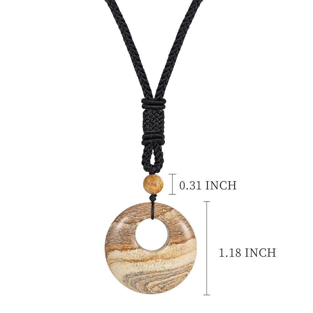 Natural Stone Lucky Coin Pendant Necklace Women Men Reiki Healing Round Donut Crystal Jewelry Adjustable Braided Cord