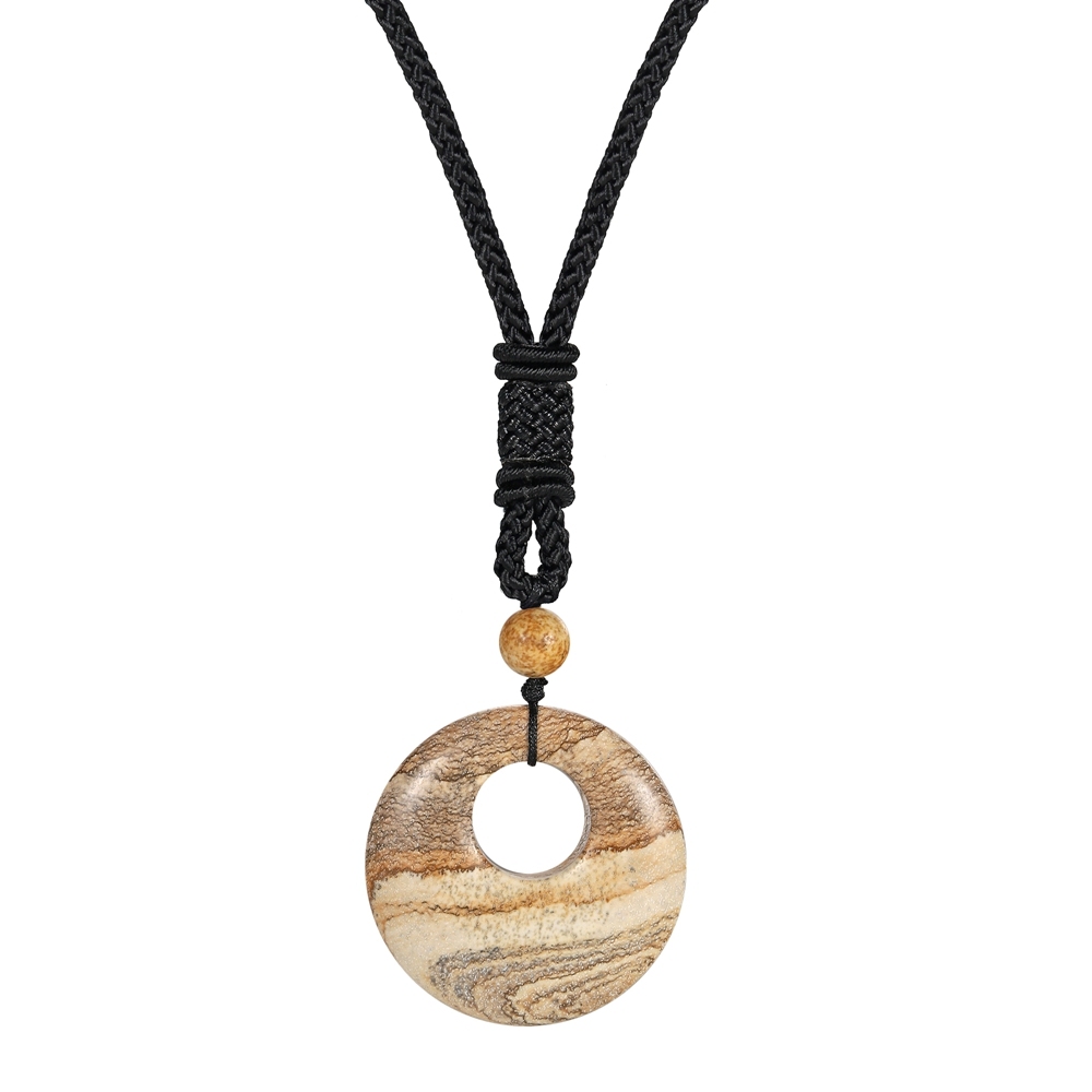 Natural Stone Lucky Coin Pendant Necklace Women Men Reiki Healing Round Donut Crystal Jewelry Adjustable Braided Cord
