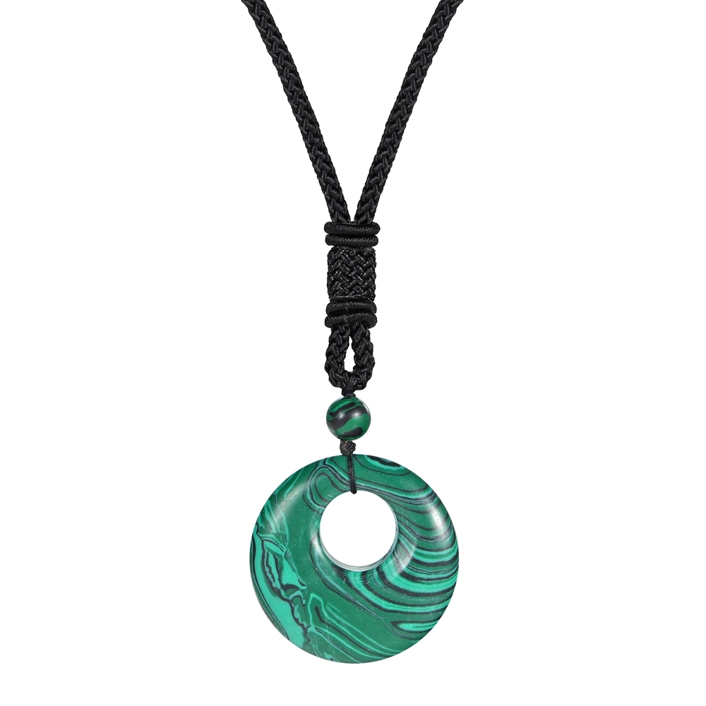 Natural Stone Lucky Coin Pendant Necklace Women Men Reiki Healing Round Donut Crystal Jewelry Adjustable Braided Cord