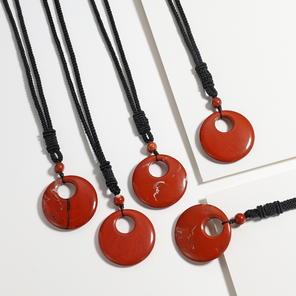Natural Stone Lucky Coin Pendant Necklace Women Men Reiki Healing Round Donut Crystal Jewelry Adjustable Braided Cord