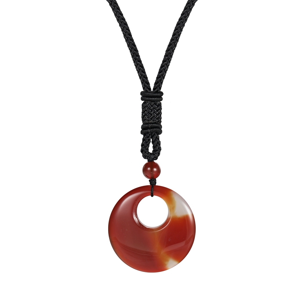 Natural Stone Lucky Coin Pendant Necklace Women Men Reiki Healing Round Donut Crystal Jewelry Adjustable Braided Cord