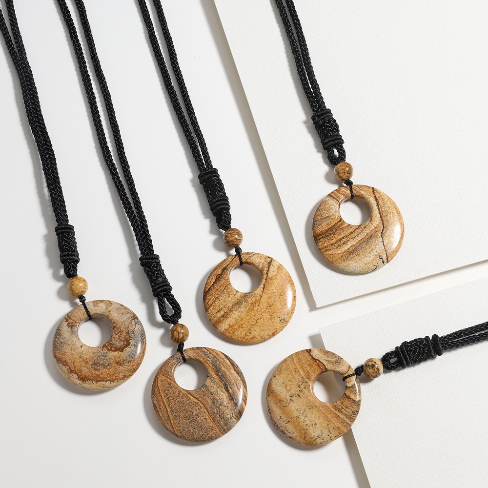 Natural Stone Lucky Coin Pendant Necklace Women Men Reiki Healing Round Donut Crystal Jewelry Adjustable Braided Cord