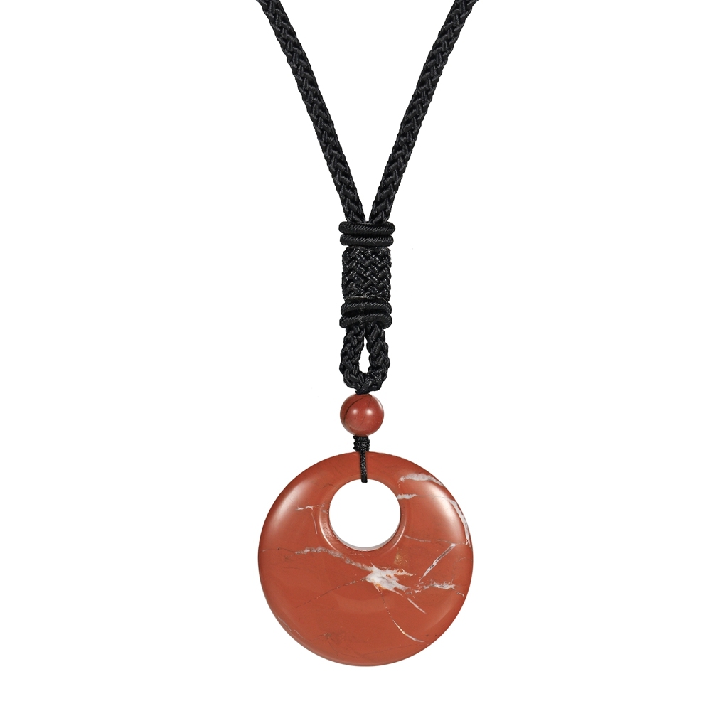 Natural Stone Lucky Coin Pendant Necklace Women Men Reiki Healing Round Donut Crystal Jewelry Adjustable Braided Cord